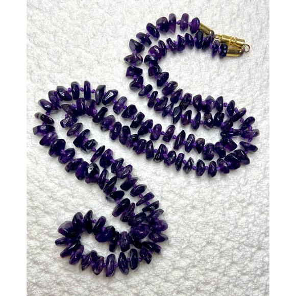 37" Genuine Amethyst Graduated Nugget Necklace Hand-Knotted Vintage Dark Boho - Picture 1 of 7